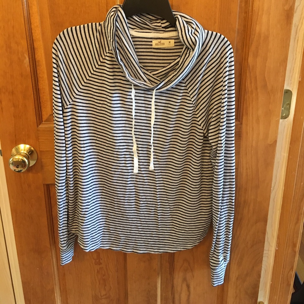 cowl collar, navy blue and cream striped shirt